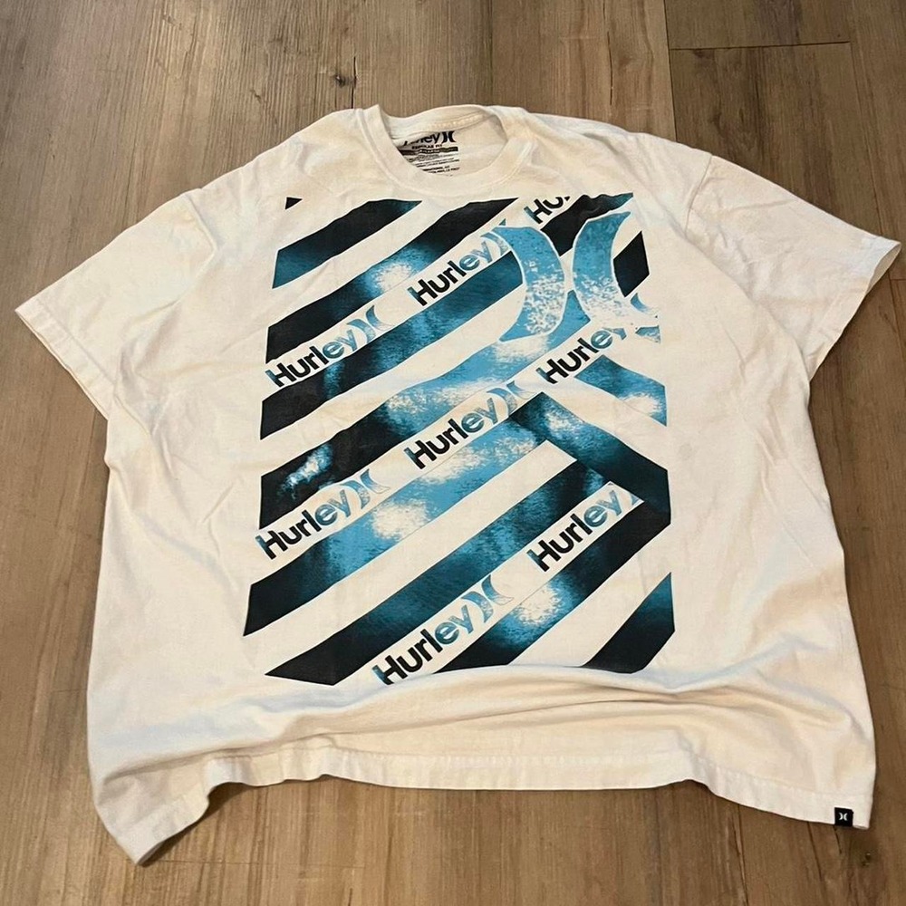 Hurley Mens Y2K Skate Surf Graphic T-Shirt White Teal Blue Oversized Fit XL